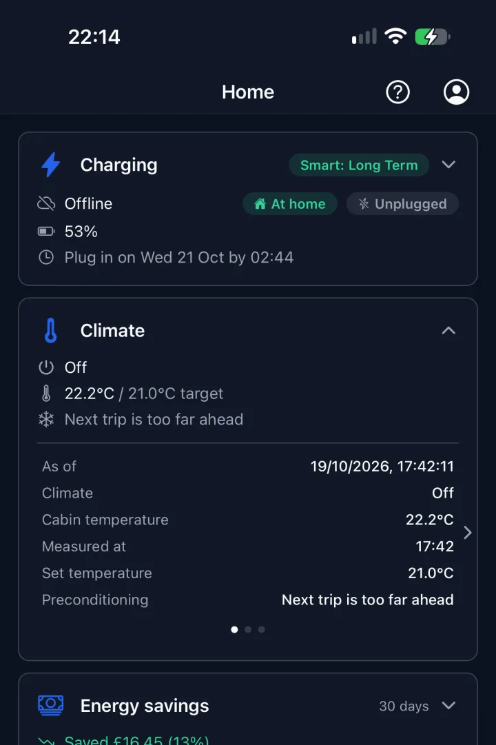 The Climate card: the cabin is at 22.2°C and the set temperature is 21°C, and the next trip is too far ahead to precondition for.