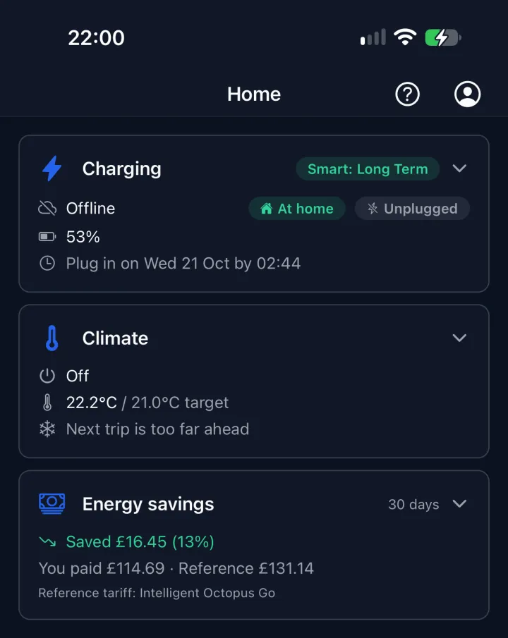 The Joulary home screen: smart charging is on, the car is at home and unplugged, and it needs plugging in by early on Wednesday morning.